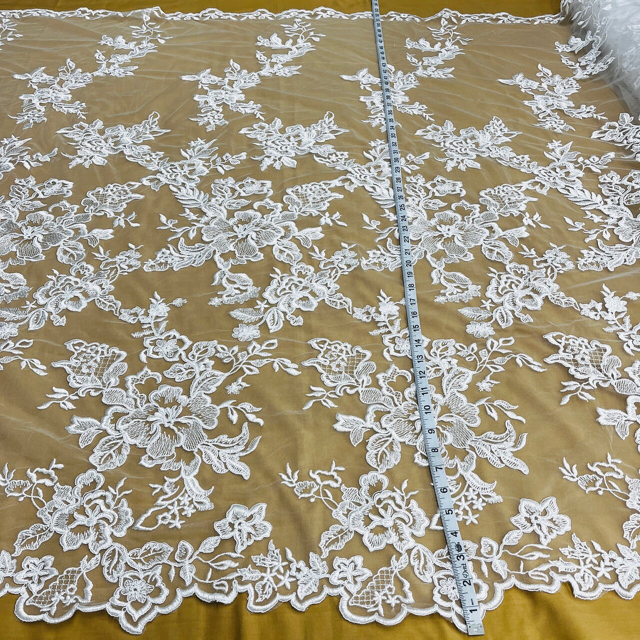 1 Yard - Corded Bridal Lace Fabric Embroidered on 100% Polyester Net Mesh 53 Inches Width